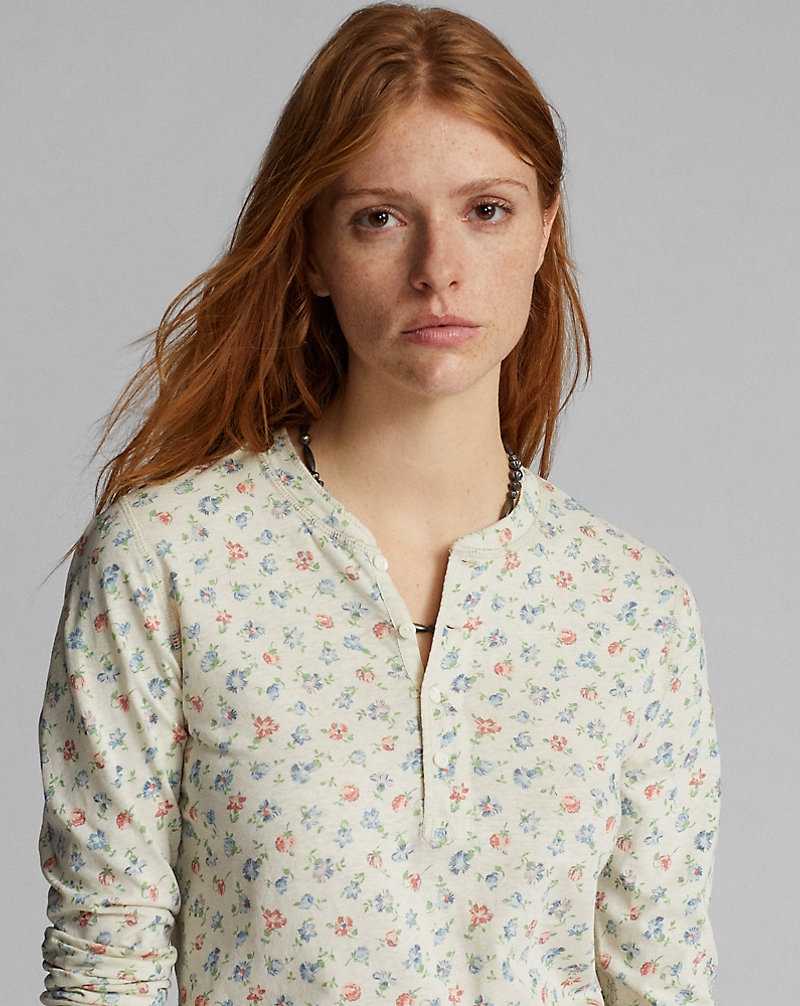 Tops Ralph Lauren Floral Linen-Cotton Jersey Henley Mujer Cream/Multi | CSGQRDP-91 - vista 5