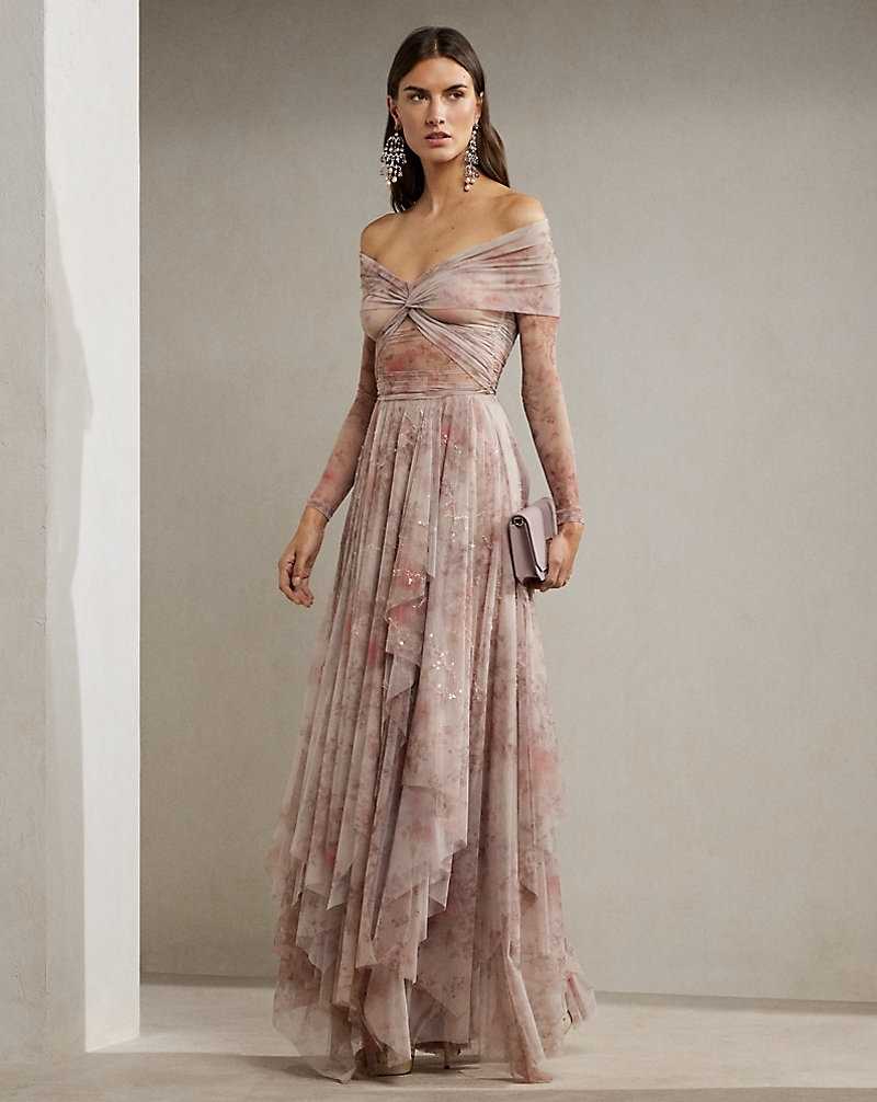 Tops Ralph Lauren Floral Tulle Ruched Off-the-Shoulder Top Mujer Azules | OAEISZM-86 - vista 3