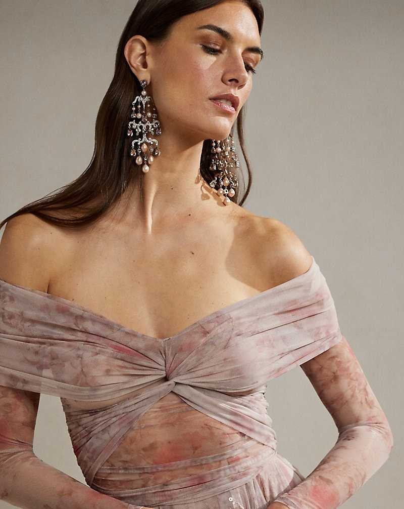 Tops Ralph Lauren Floral Tulle Ruched Off-the-Shoulder Top Mujer Azules | OAEISZM-86 - vista 5