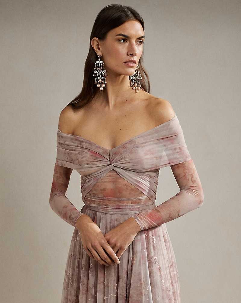 Tops Ralph Lauren Floral Tulle Ruched Off-the-Shoulder Top Mujer Azules | OAEISZM-86 - vista 1