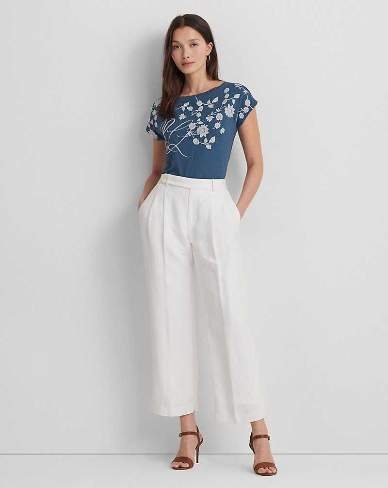 Tops Ralph Lauren Floral-Embroidered Jersey Tee Mujer Azules | TAVNSPI-60 - vista 3