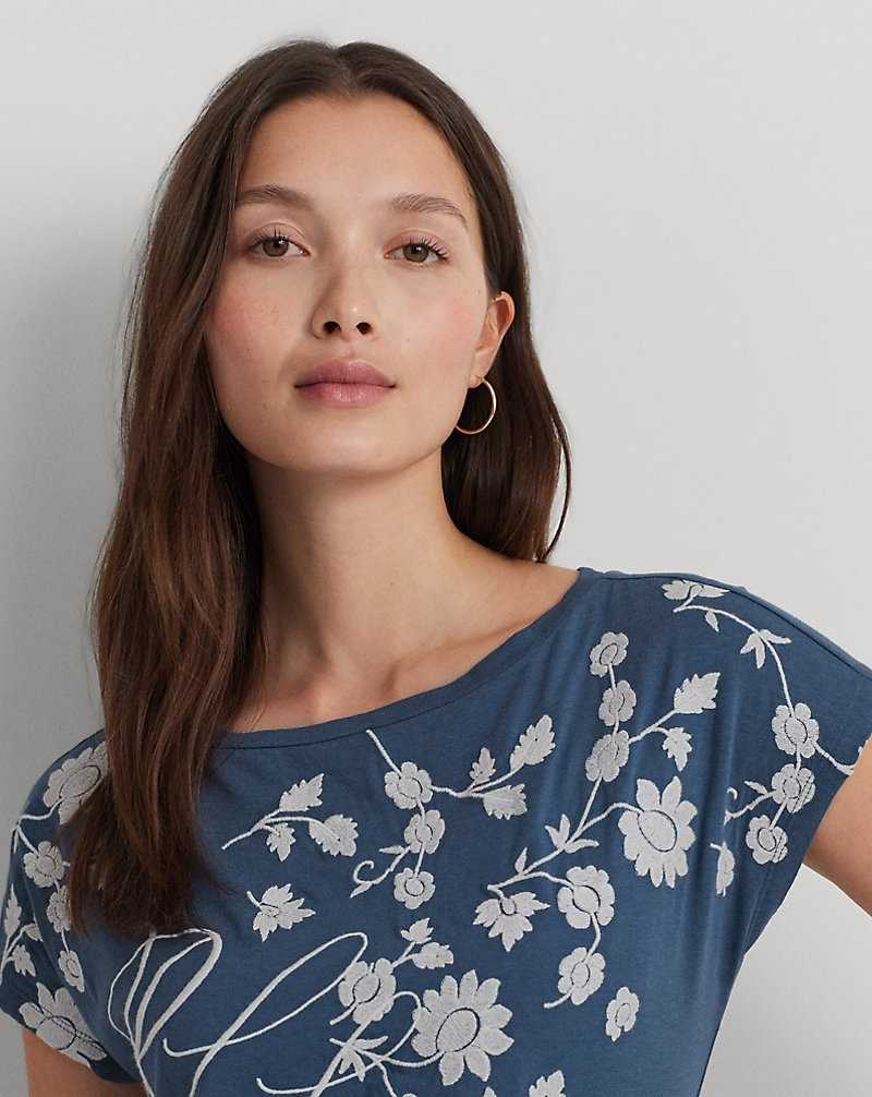 Tops Ralph Lauren Floral-Embroidered Jersey Tee Mujer Azules | TAVNSPI-60 - vista 5
