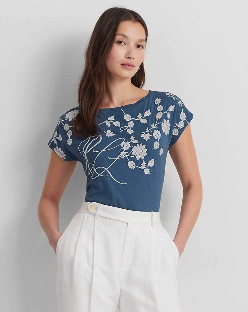 Tops Ralph Lauren Floral-Embroidered Jersey Tee Mujer Azules | TAVNSPI-60 - vista 1