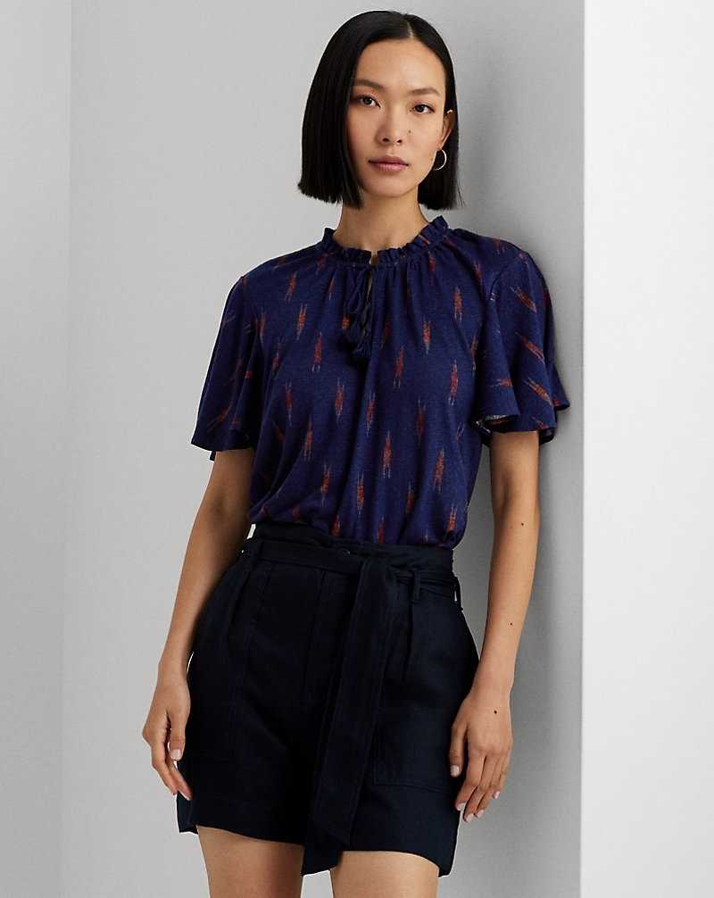 Tops Ralph Lauren Geo-Print Jersey Tie-Neck Top Mujer Azul Marino | TKMQPIB-16 - vista 1