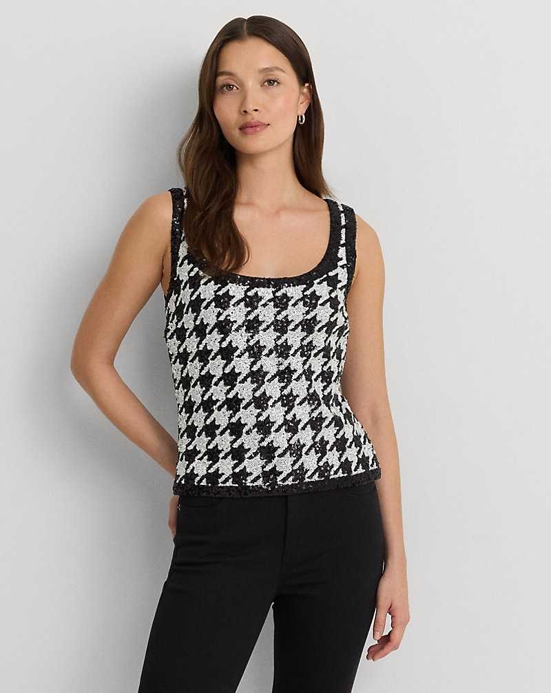 Tops Ralph Lauren Houndstooth Sequined Sleeveless Top Mujer Cream/Black | CTASWGU-02 - vista 1