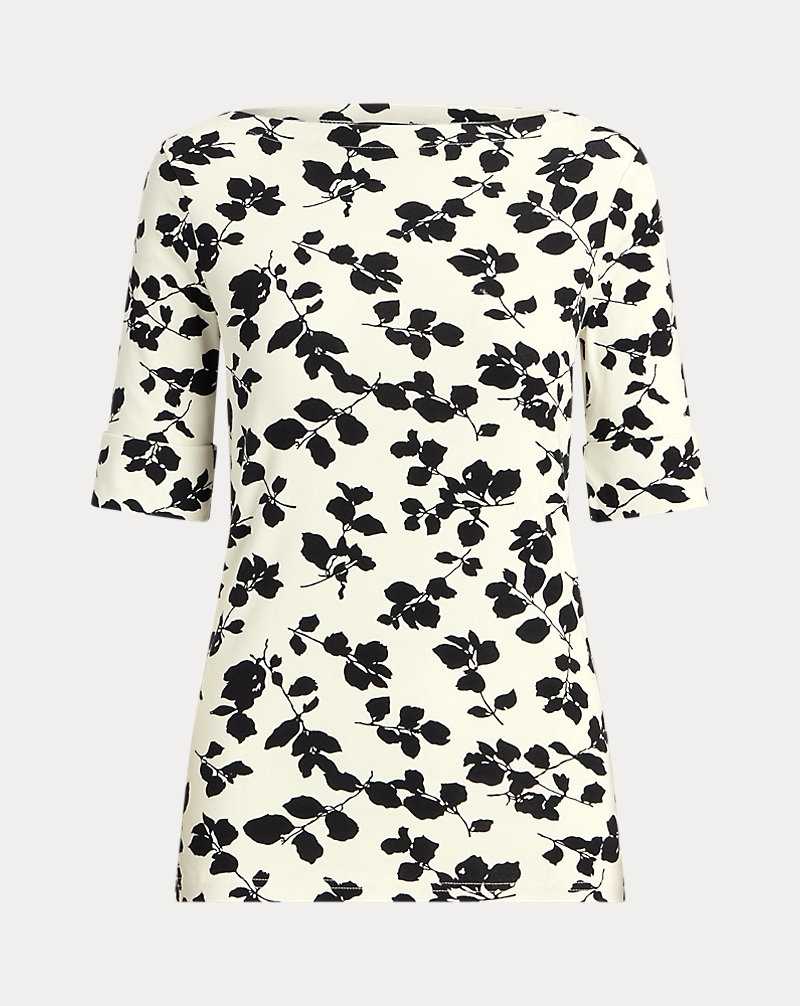 Tops Ralph Lauren Leaf-Print Stretch Cotton Boatneck Tee Mujer Cream/Black | TCPMXFQ-89 - vista 2