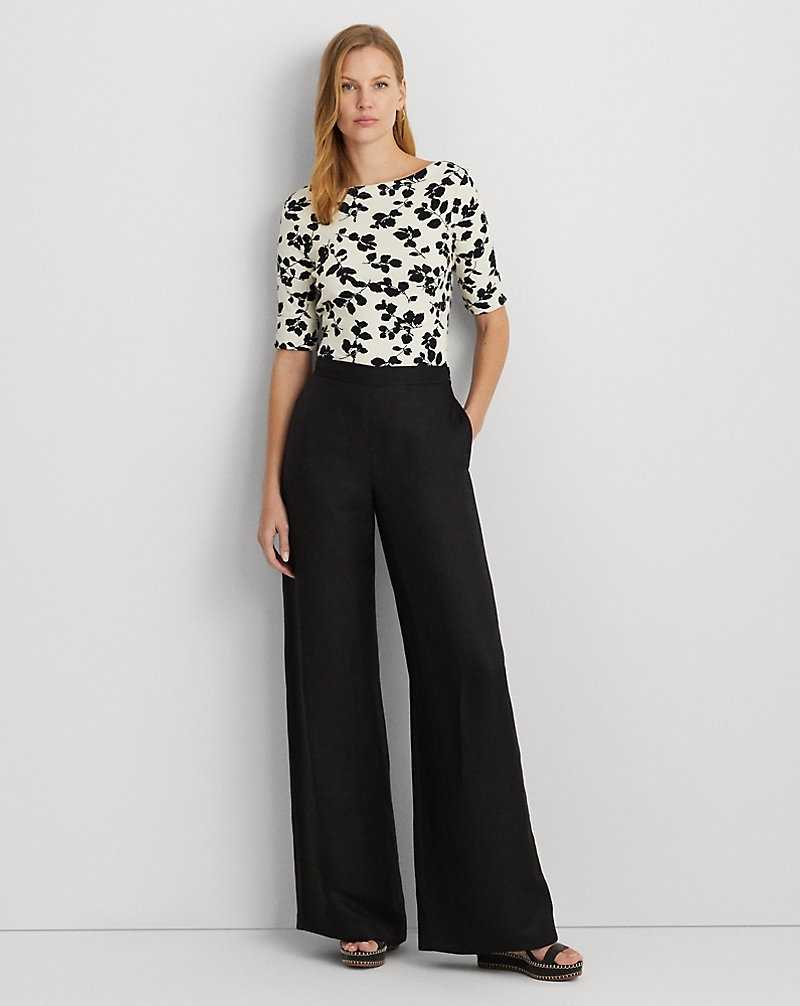 Tops Ralph Lauren Leaf-Print Stretch Cotton Boatneck Tee Mujer Cream/Black | TCPMXFQ-89 - vista 3