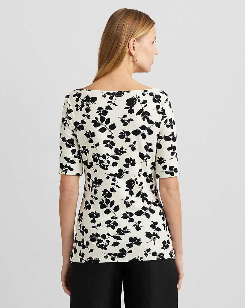 Tops Ralph Lauren Leaf-Print Stretch Cotton Boatneck Tee Mujer Cream/Black | TCPMXFQ-89 - vista 4