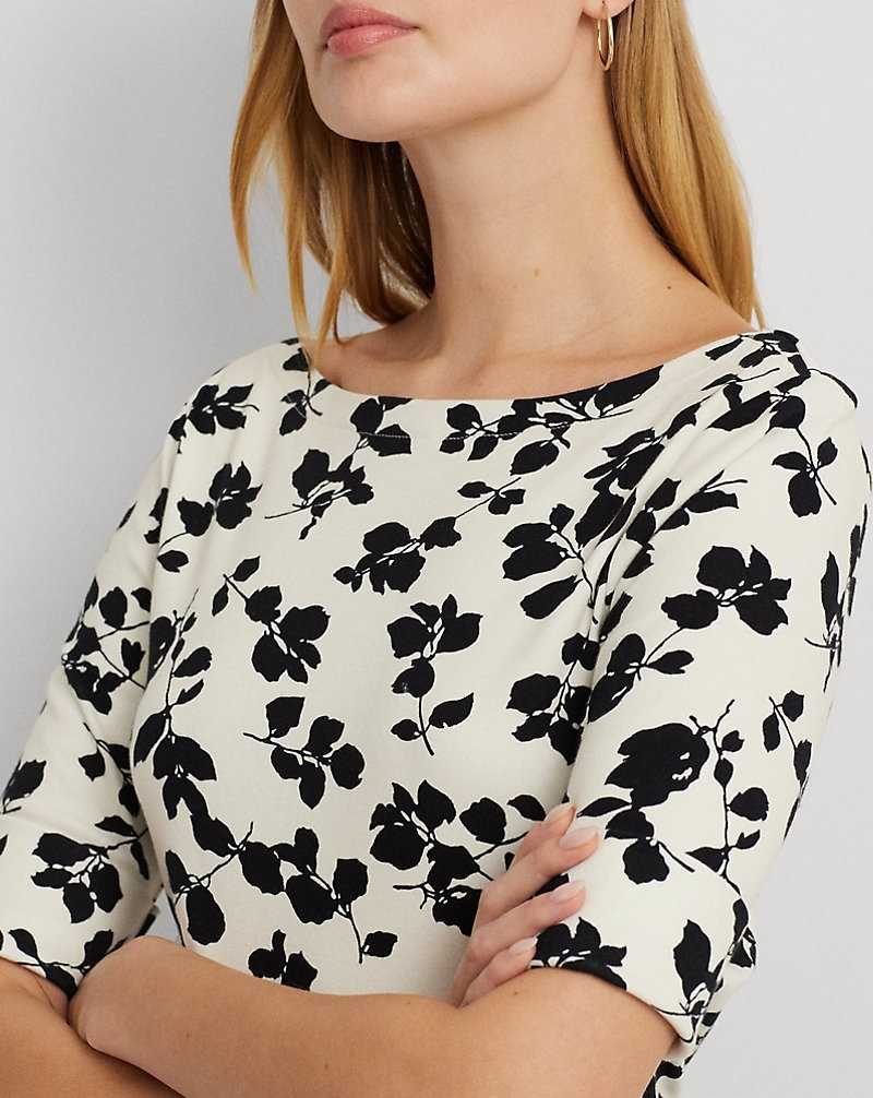 Tops Ralph Lauren Leaf-Print Stretch Cotton Boatneck Tee Mujer Cream/Black | TCPMXFQ-89 - vista 5