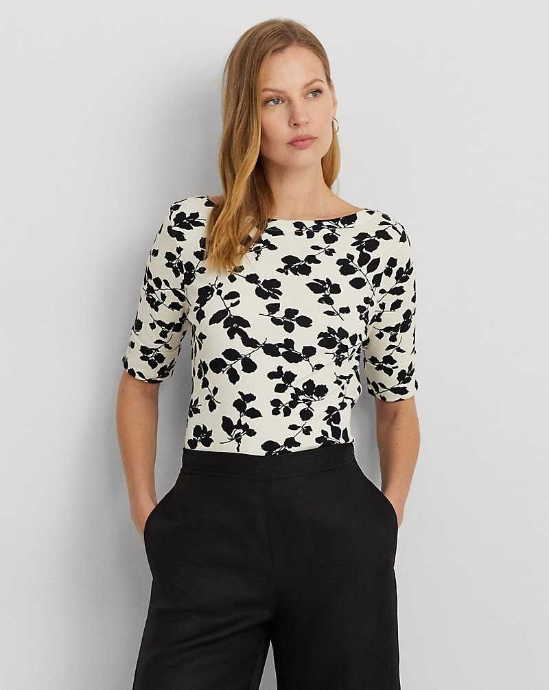 Tops Ralph Lauren Leaf-Print Stretch Cotton Boatneck Tee Mujer Cream/Black | TCPMXFQ-89 - vista 1