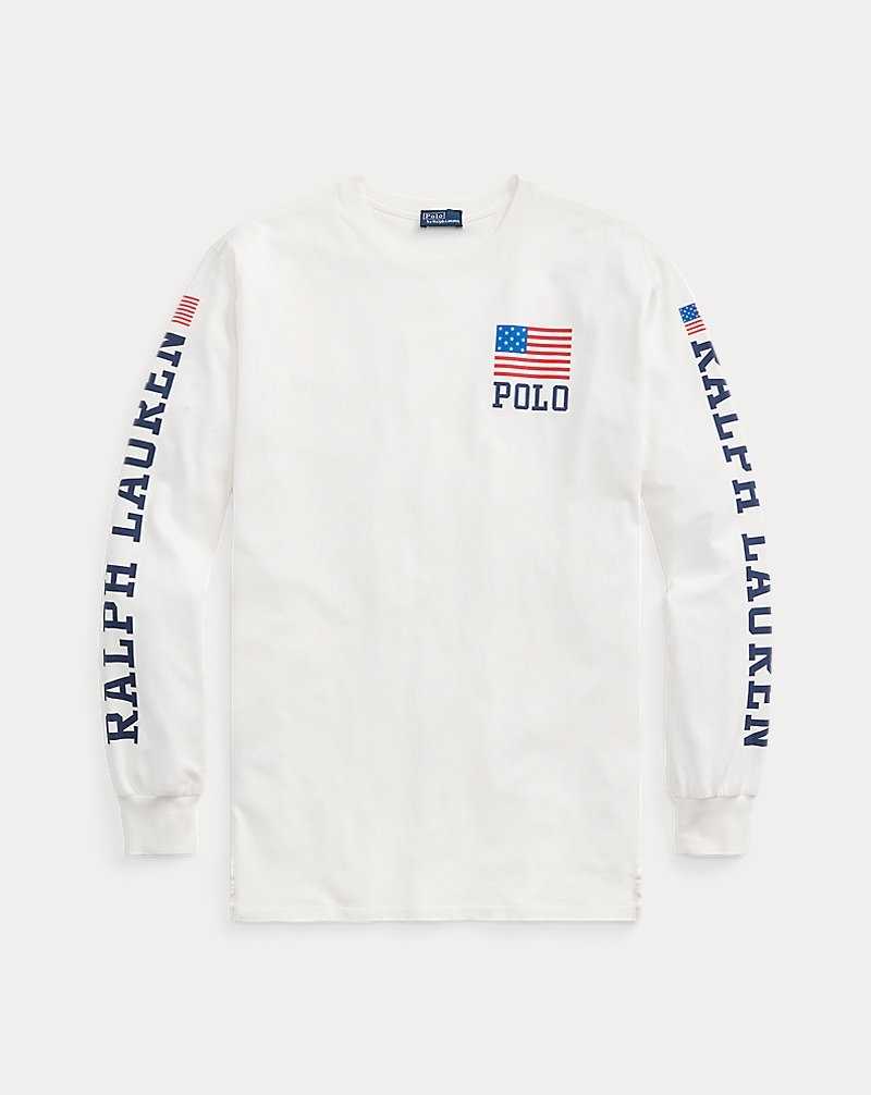 Tops Ralph Lauren Logo Flag Jersey Long-Sleeve Tee Mujer Blancos | OMHIQJA-84 - vista 2