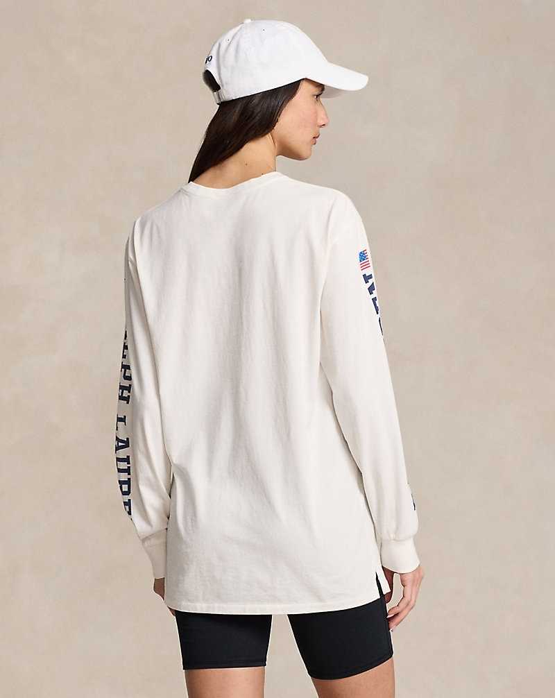 Tops Ralph Lauren Logo Flag Jersey Long-Sleeve Tee Mujer Blancos | OMHIQJA-84 - vista 4