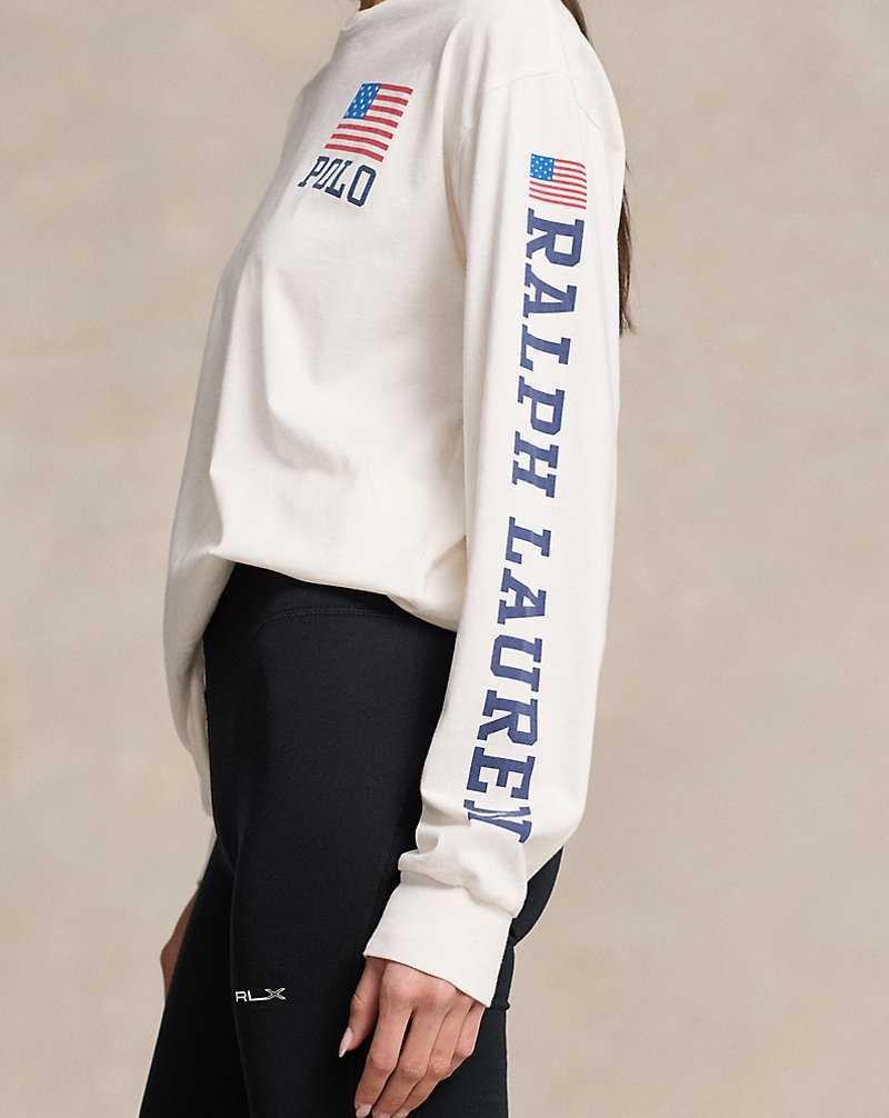 Tops Ralph Lauren Logo Flag Jersey Long-Sleeve Tee Mujer Blancos | OMHIQJA-84 - vista 5
