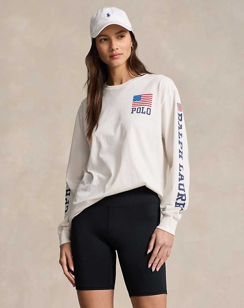 Tops Ralph Lauren Logo Flag Jersey Long-Sleeve Tee Mujer Blancos | OMHIQJA-84 - vista 1