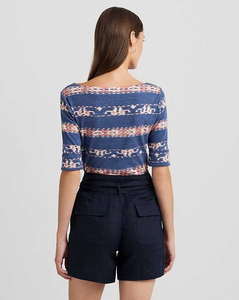 Tops Ralph Lauren Print Stretch Cotton Boatneck Tee Mujer Blue/Pink/Cream | YHSXDOV-34 - vista 4