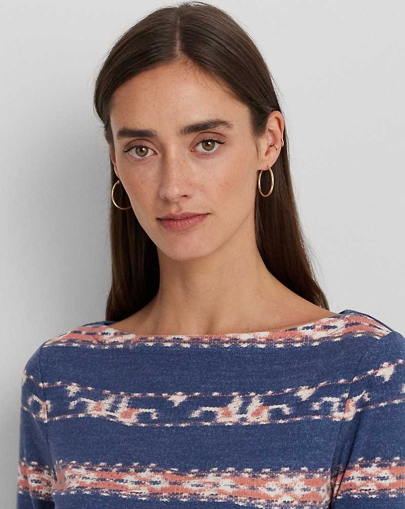 Tops Ralph Lauren Print Stretch Cotton Boatneck Tee Mujer Blue/Pink/Cream | YHSXDOV-34 - vista 5