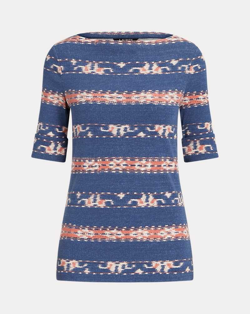 Tops Ralph Lauren Print Stretch Cotton Boatneck Tee Mujer Blue/Pink/Cream | YHSXDOV-34 - vista 2