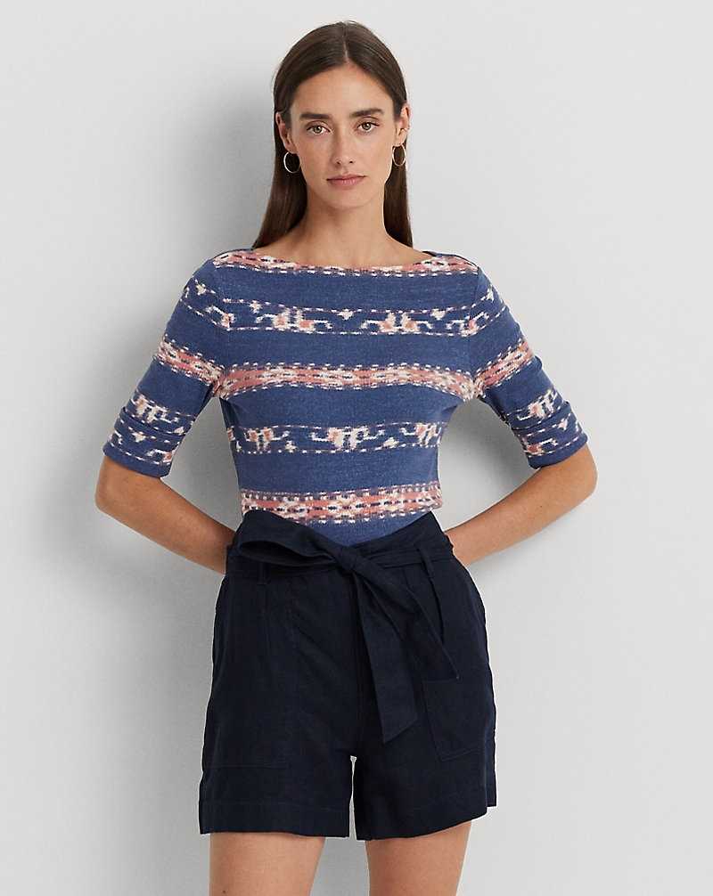 Tops Ralph Lauren Print Stretch Cotton Boatneck Tee Mujer Blue/Pink/Cream | YHSXDOV-34 - vista 1