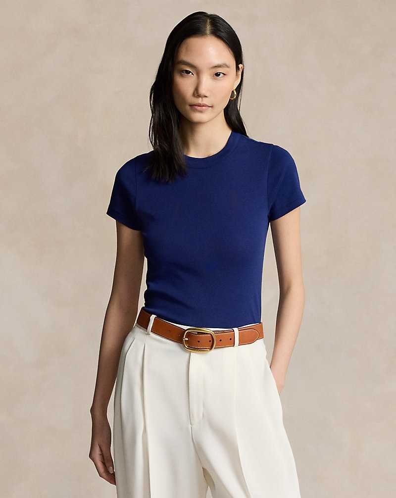 Tops Ralph Lauren Rib-knit Cotton Tee Mujer Azul Rey | NTRPGEH-30 - vista 1