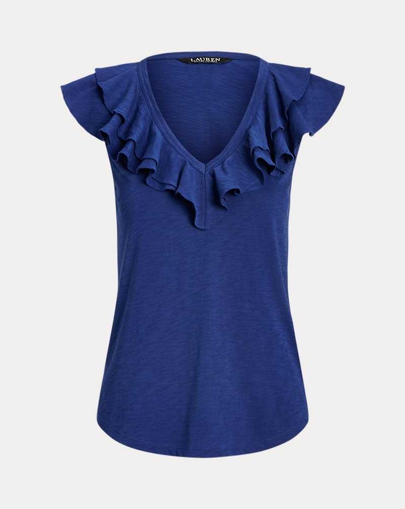 Tops Ralph Lauren Ruffle-Trim Slub Jersey Sleeveless Tee Mujer Azules | BFXWHSQ-72 - vista 2