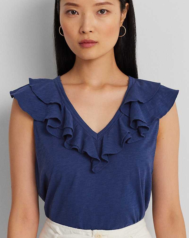 Tops Ralph Lauren Ruffle-Trim Slub Jersey Sleeveless Tee Mujer Azules | BFXWHSQ-72 - vista 5