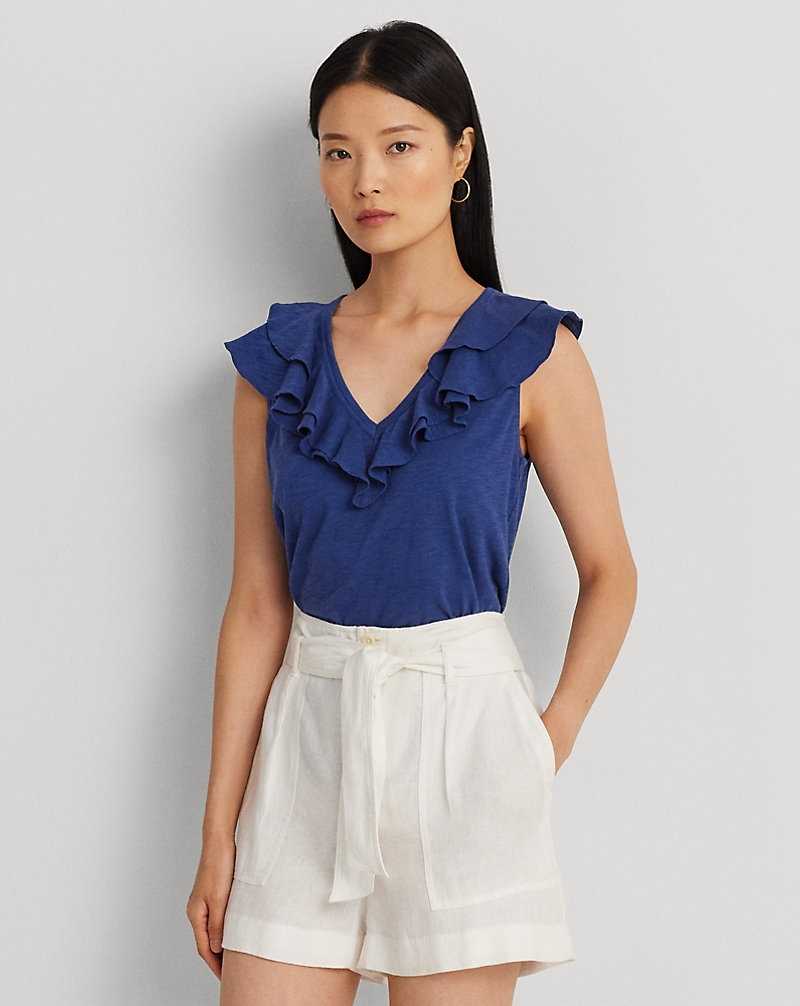 Tops Ralph Lauren Ruffle-Trim Slub Jersey Sleeveless Tee Mujer Azules | BFXWHSQ-72 - vista 1