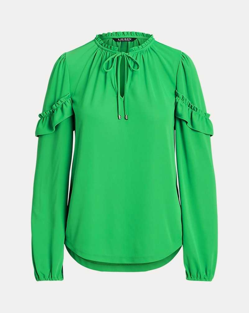 Tops Ralph Lauren Ruffle-Trim Stretch Jersey Tie-Neck Top Mujer Verdes | ROYQCLE-64 - vista 2