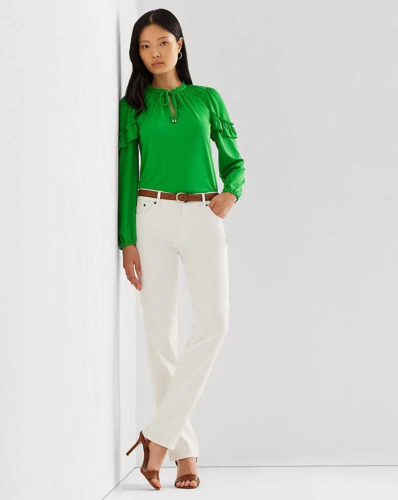 Tops Ralph Lauren Ruffle-Trim Stretch Jersey Tie-Neck Top Mujer Verdes | ROYQCLE-64 - vista 3