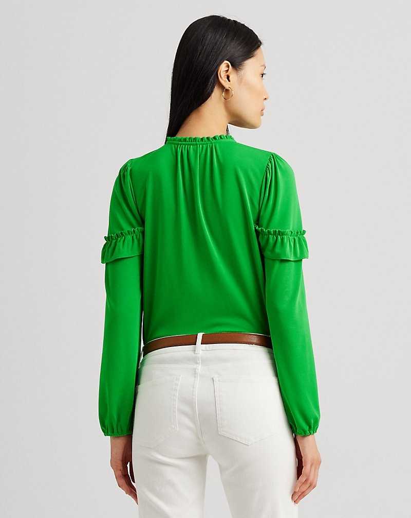 Tops Ralph Lauren Ruffle-Trim Stretch Jersey Tie-Neck Top Mujer Verdes | ROYQCLE-64 - vista 4