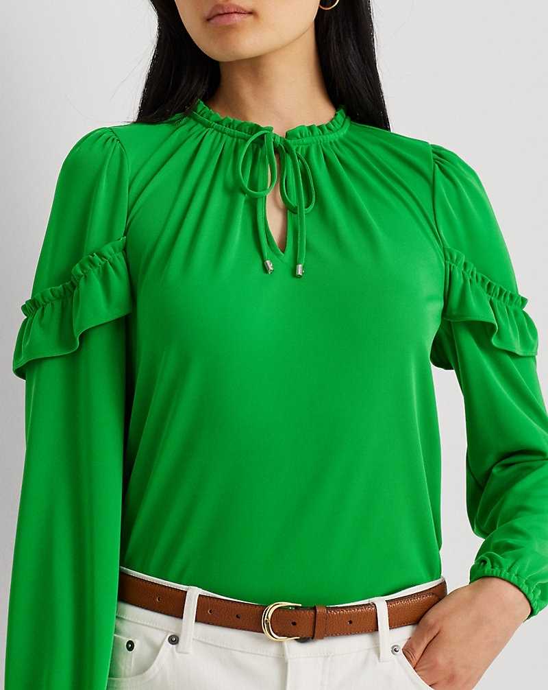 Tops Ralph Lauren Ruffle-Trim Stretch Jersey Tie-Neck Top Mujer Verdes | ROYQCLE-64 - vista 5