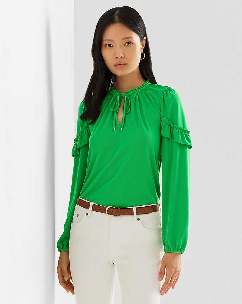 Tops Ralph Lauren Ruffle-Trim Stretch Jersey Tie-Neck Top Mujer Verdes | ROYQCLE-64 - vista 1