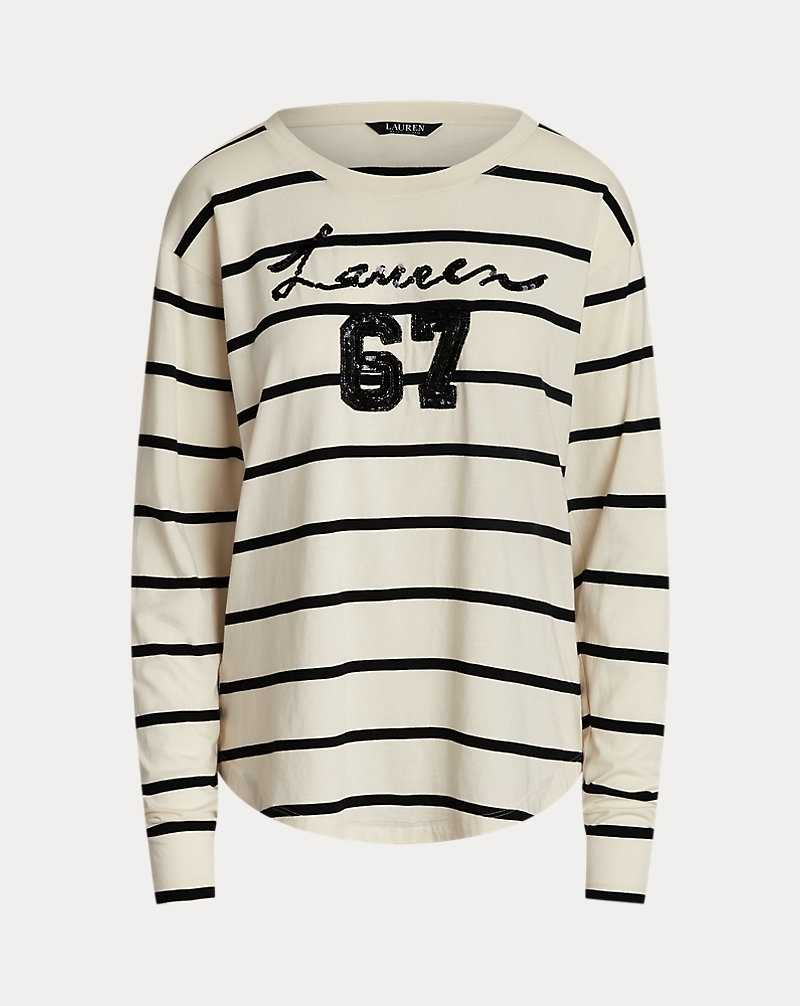 Tops Ralph Lauren Sequined-Logo Jersey Long-Sleeve Tee Mujer Mascarpone Cream/Black | JCIYKPF-71 - vista 2