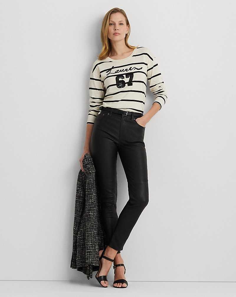 Tops Ralph Lauren Sequined-Logo Jersey Long-Sleeve Tee Mujer Mascarpone Cream/Black | JCIYKPF-71 - vista 3