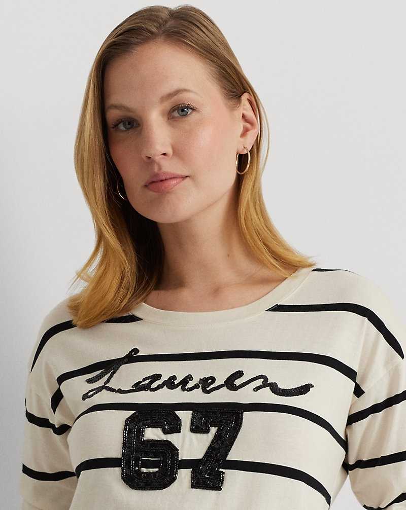 Tops Ralph Lauren Sequined-Logo Jersey Long-Sleeve Tee Mujer Mascarpone Cream/Black | JCIYKPF-71 - vista 5