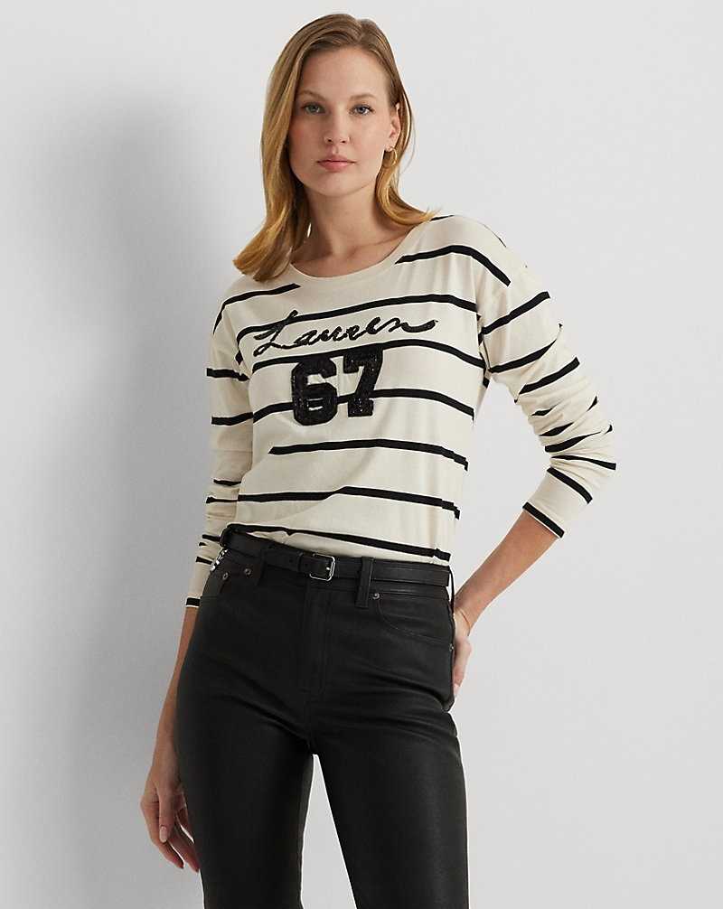 Tops Ralph Lauren Sequined-Logo Jersey Long-Sleeve Tee Mujer Mascarpone Cream/Black | JCIYKPF-71 - vista 1