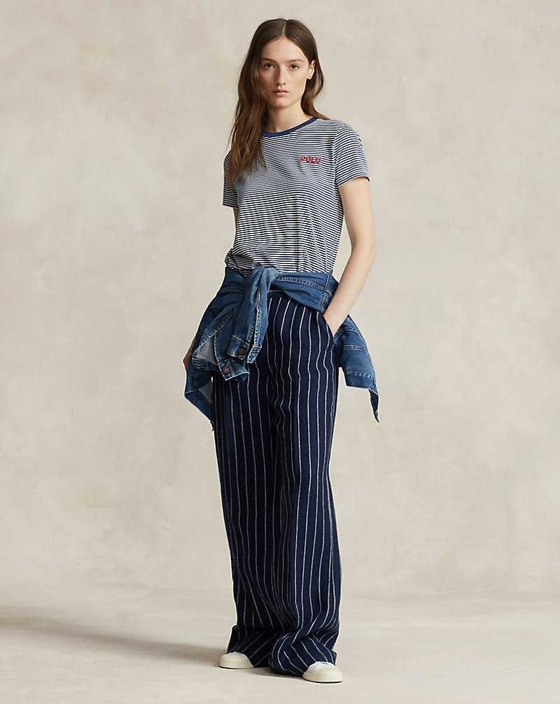 Tops Ralph Lauren Shrunken Fit Logo Striped Jersey Tee Mujer Rustic Navy/deckwash Whit | UJOFQVC-69 - vista 3