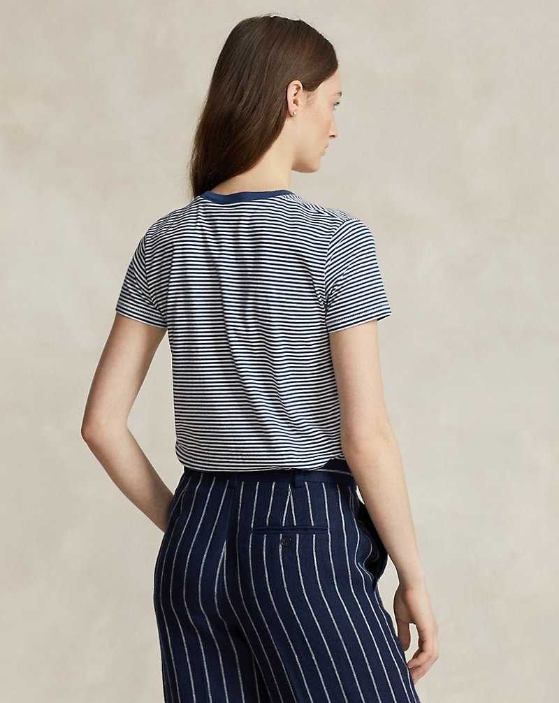 Tops Ralph Lauren Shrunken Fit Logo Striped Jersey Tee Mujer Rustic Navy/deckwash Whit | UJOFQVC-69 - vista 4