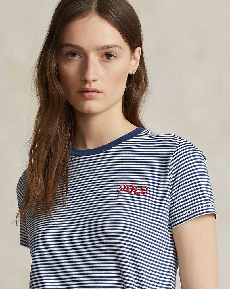 Tops Ralph Lauren Shrunken Fit Logo Striped Jersey Tee Mujer Rustic Navy/deckwash Whit | UJOFQVC-69 - vista 5