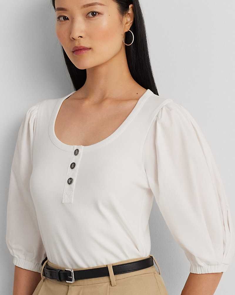 Tops Ralph Lauren Stretch Cotton Puff-Sleeve Henley Tee Mujer Blancos | LEURDHW-53 - vista 5