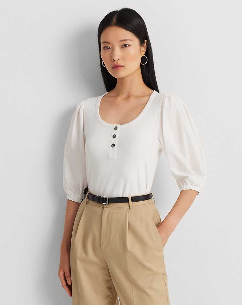 Tops Ralph Lauren Stretch Cotton Puff-Sleeve Henley Tee Mujer Blancos | LEURDHW-53 - vista 1