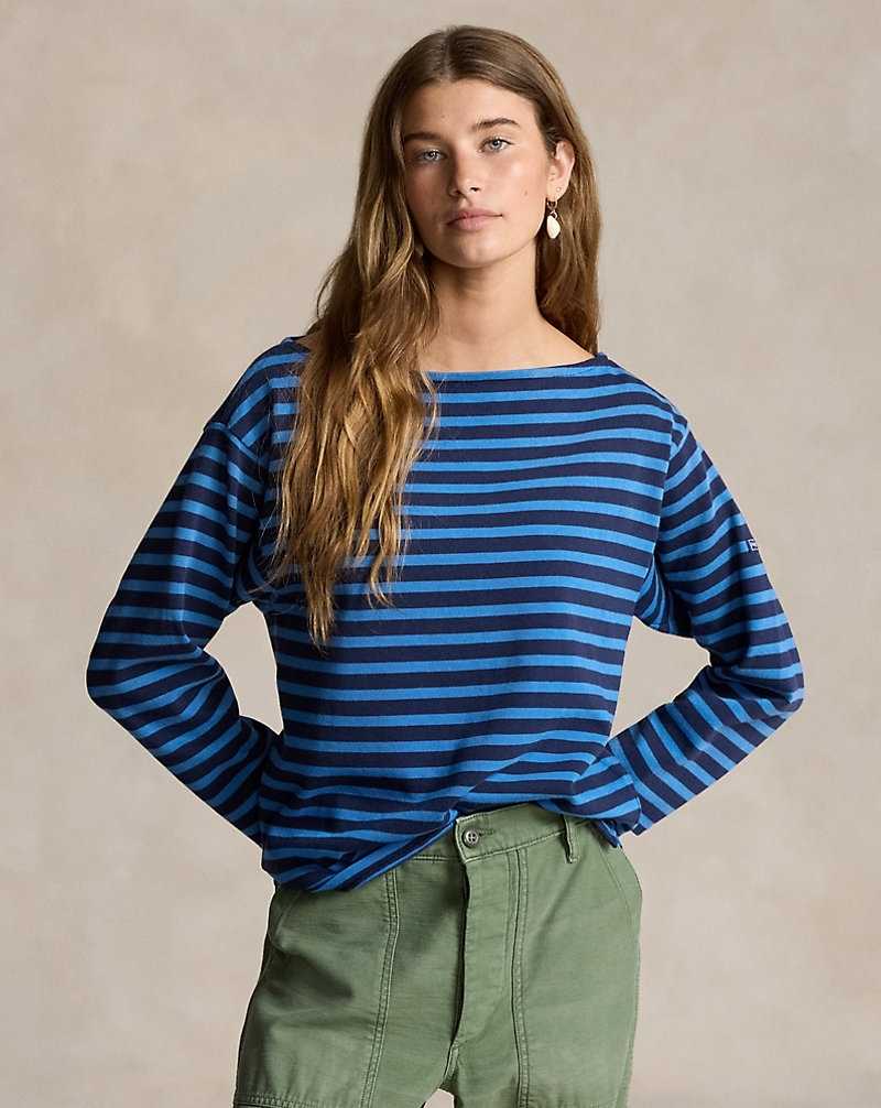 Tops Ralph Lauren Striped Boatneck Jersey Tee Mujer Azul Marino | LFDKEIU-20 - vista 1