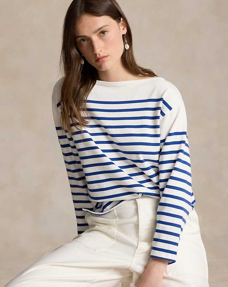 Tops Ralph Lauren Striped Boatneck Mariner Tee Mujer Deckwash Wht/Brill Sapphi | IUWKFXH-07 - vista 1