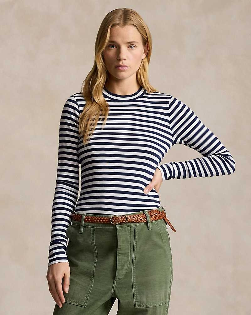 Tops Ralph Lauren Striped Rib-knit Long-Sleeve Tee Mujer Cruise Navy/White | QRADGZJ-54 - vista 1