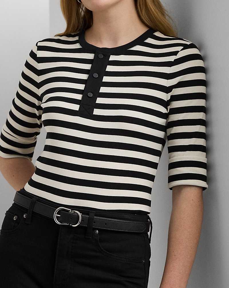 Tops Ralph Lauren Striped Stretch Cotton Henley Tee Mujer Creme | DMZVKSX-16 - vista 5