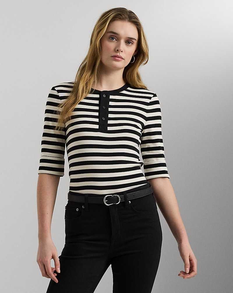 Tops Ralph Lauren Striped Stretch Cotton Henley Tee Mujer Creme | DMZVKSX-16 - vista 1