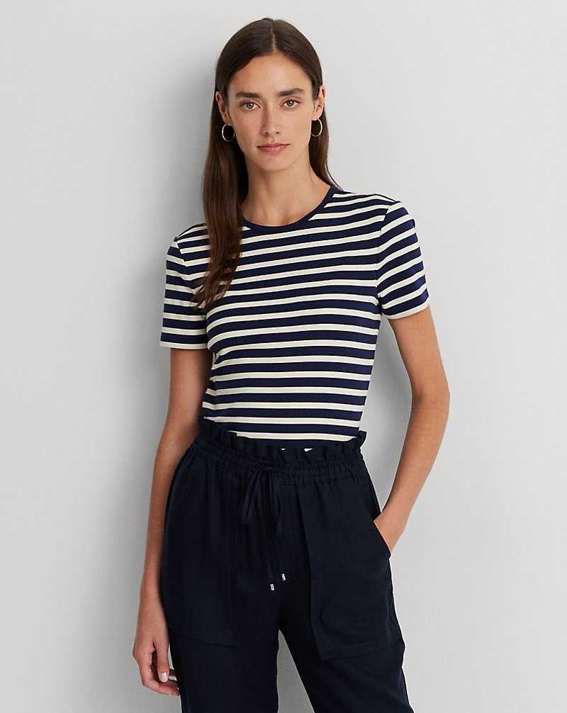 Tops Ralph Lauren Striped Stretch Cotton Crewneck Tee Mujer Refined Navy/Mascarpone | TAQZPGX-93 - vista 1