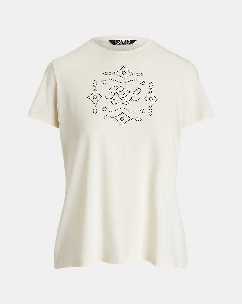 Tops Ralph Lauren Studded-Logo Cotton-Blend Jersey Tee Mujer Creme | KTFPVCS-23 - vista 1