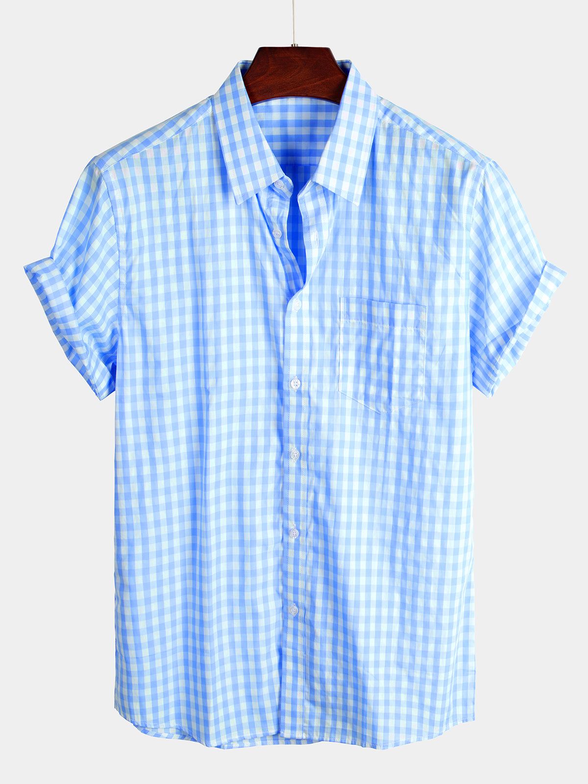 Camisa a cuadros de algodón casual de color sólido Pocket Summer Holiday Button Up de manga corta para hombre