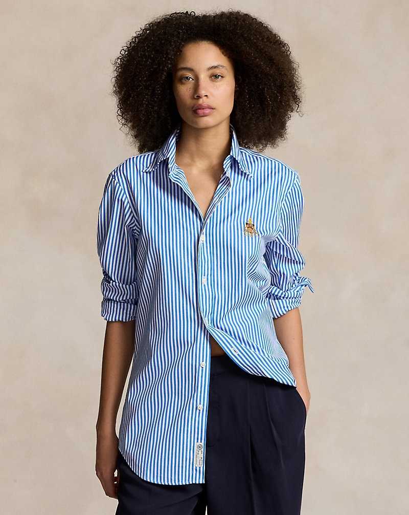 Unisex Collection Ralph Lauren Custom Fit Crest Striped Poplin Hombre 5411 White/Blue | WQCXSYG-76 - vista 5