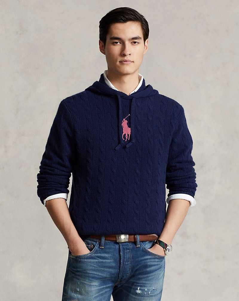 Unisex Collection Ralph Lauren Pink Pony Cable Cashmere Hooded Hombre Azul Marino | NWSEFHM-60 - vista 3